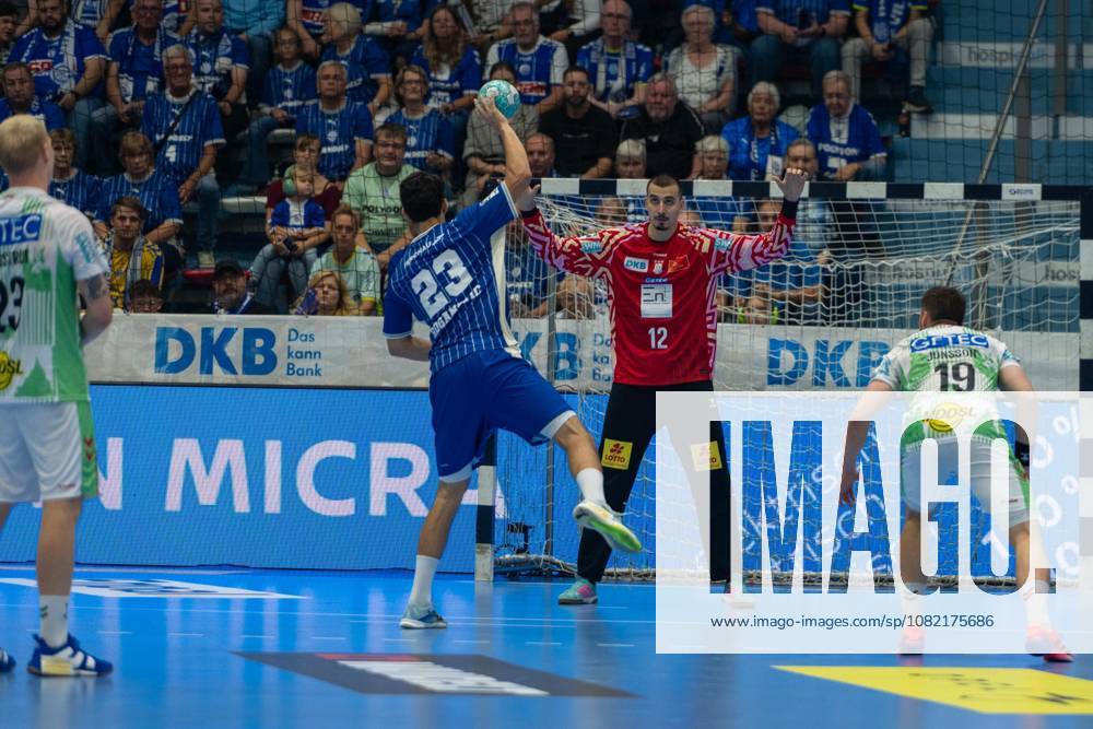 Nicola Roganovic, backcourt, VfL Gummersbach 23, Matej Mandic, goalkeeper, SC Magdeburg 16, VfL Gummersbach vs. SC Magdeburg, Opel Handball Bundesliga, Men s, Matchday 1, August 30, 2026, Gummersbach, North Rhine-Westphalia, Germany