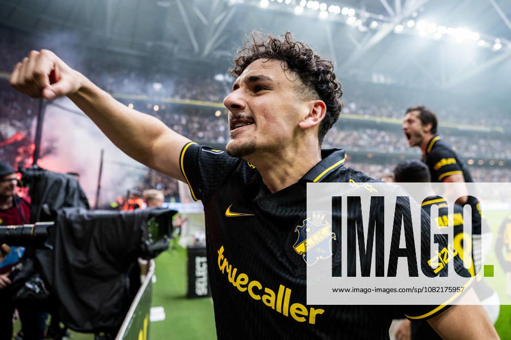 AIK s Oskar Pukelis celebrates after the 3-2 win during the Allsvenskan soccer match between AIK and Hammarby on August 30, 2026, in Stockholm