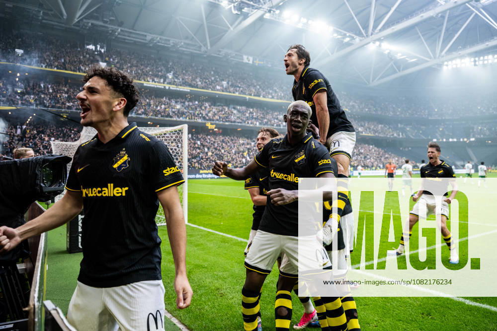 AIK s Oskar Pukelis, Ladji Camara, Johan Hove, and Hervé Matthys celebrate after the 3–2 victory in the Allsvenskan soccer match between AIK and Hammarby on August 30, 2026, in Stockholm