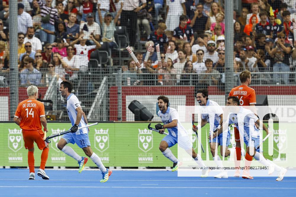 WAVER - Matias Rey of Argentina, Tadeo Marcucci of Argentina, Lucas Toscani of Argentina and Tomas Domene of Argentina celebrate the 1-2 during the bronze medal final at the Men s Hockey World Cup between the Netherlands and Argentina in the Belfius Hockey Arena. BAS CZERWINSKI ANP ANPxSportx IVx 566597787 originalFilename: 566597787