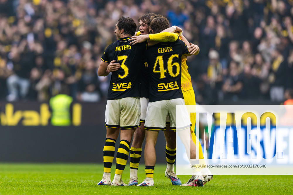 AIK s Hervé Matthys, Yannick Geiger, and goalkeeper Kristoffer Nordfeldt celebrate after the Allsvenskan soccer match between AIK and Hammarby on August 30, 2026, in Stockholm