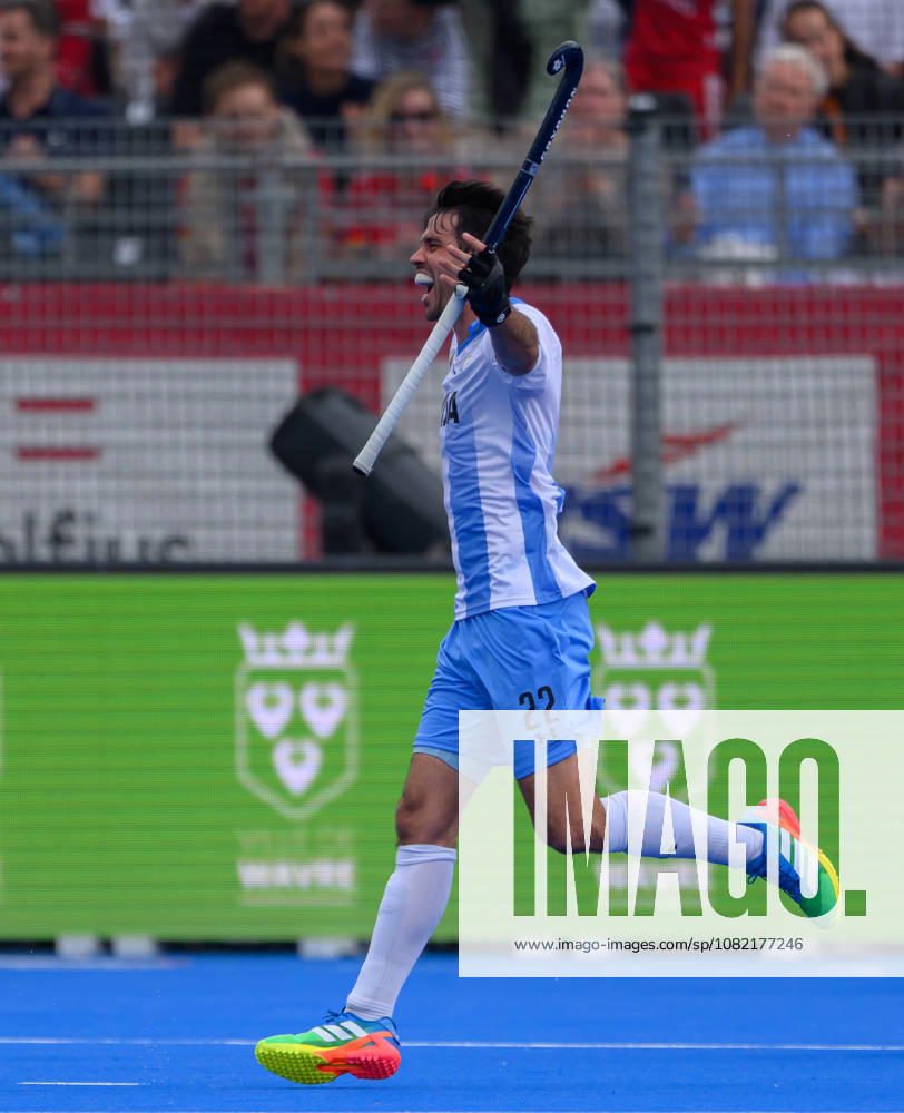 Mens Hockey World Cup Bronze Medal Match Matias Rey (C) of Argentina (Los Leones) celebrates after scoring the winning goal in a 2-1 victory over Netherlands during the Mens FIH Hockey World Cup Bronze Medal Match at Belfius Hockey Arena, Brussels 30 08 2026 UK Newspapers OUT