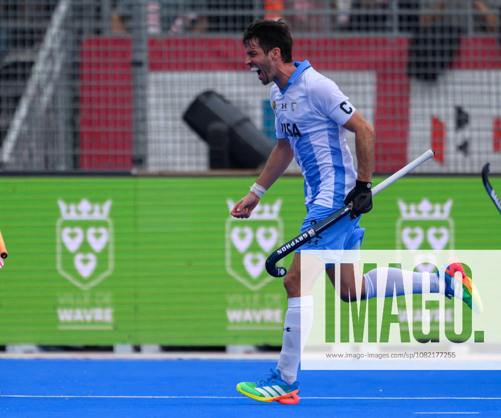 Mens Hockey World Cup Bronze Medal Match Matias Rey (C) of Argentina (Los Leones) celebrates after scoring the winning goal in a 2-1 victory over Netherlands during the Mens FIH Hockey World Cup Bronze Medal Match at Belfius Hockey Arena, Brussels 30 08 2026 UK Newspapers OUT