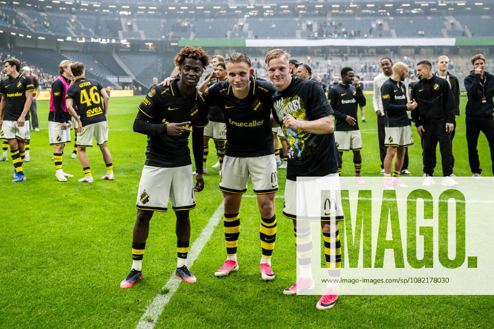 AIK s Axel Kouame, Linus Carlstrand, and Sixten Gustafsson celebrate after the Allsvenskan soccer match between AIK and Hammarby on August 30, 2026, in Stockholm