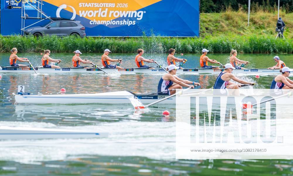 AMSTERDAM - Linn van Aanholt, Nika Johanna Vos, Ymkje Clevering, Gert-jan van Doorn, Lennart van Lierop, Eli Brouwer, Rik Rienks, Tinka Offereins, Richelle Rietdijk in action during the mixed eight final on the seventh and final day of the World Rowing Championships at the Bosbaan in the Amsterdamse Bos. IRIS VAN DEN BROEK ANP ANPxSportx IVx 566598729 originalFilename: 566598729