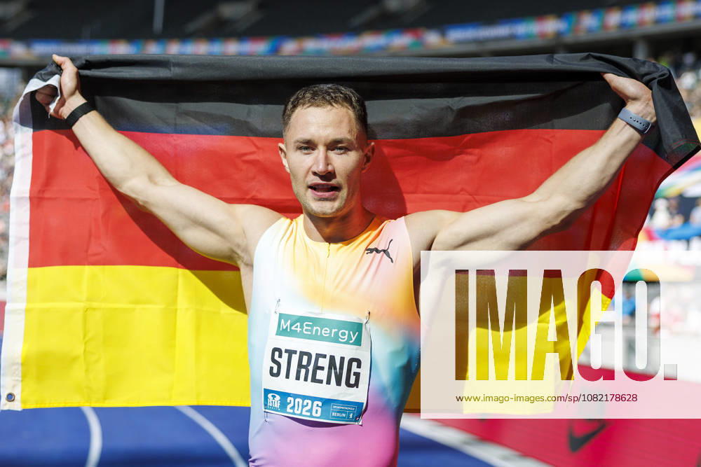 Felix STRENG (GER Germany) celebrates with the flag the para 100m victory during the ISTAF at Olympic Stadium on August 30, 2026 in Berlin, Germany. Germany