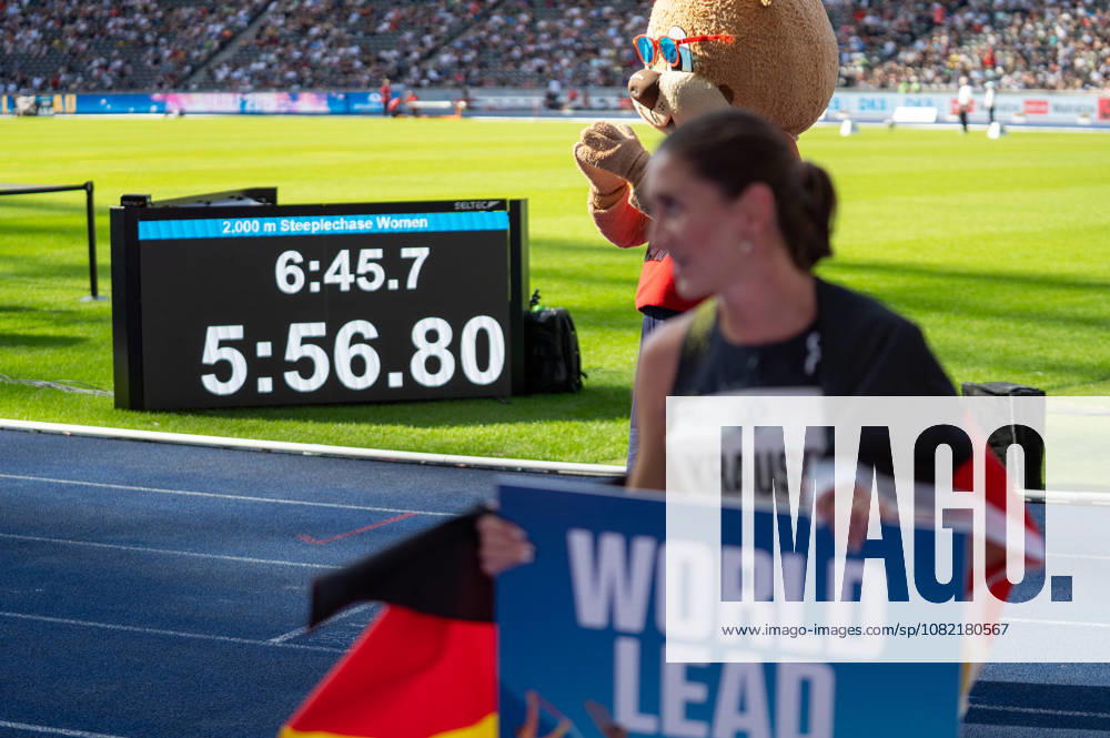 German Track and Field, Track and Field Meet, ISTAF 2026 Sports Festival on August 30, 2026, at the Olympic Stadium in Berlin; 2,000-meter steeplechase finish line; Gesa Krause and time