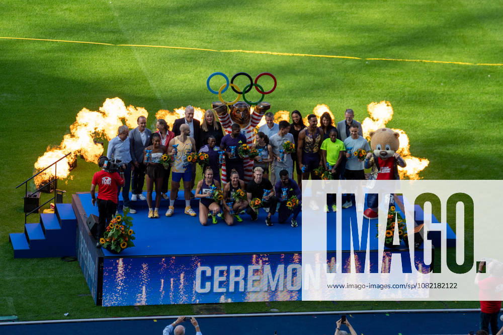 German Track and Field, Track and Field Meet, ISTAF 2026 Sports Festival on August 30, 2026, at the Olympic Stadium in Berlin; closing awards ceremony featuring Leo Neugebauer, Gesa Krause, Gina Lückenkemper, and Julian Weber