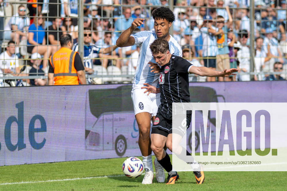 Adrian Calderon 12 (TSV 1860 Munich) in a tackle with Lukas Bettrich 6 (TSV Landsberg), TSV 1860 Munich vs. TSV Landsberg, Soccer, Bavarian Regional League, Matchday 6, August 30, 2026. DFB regulations prohibit any use of photographs as image sequences and or quasi-video. Munich, Bavaria, Germany
