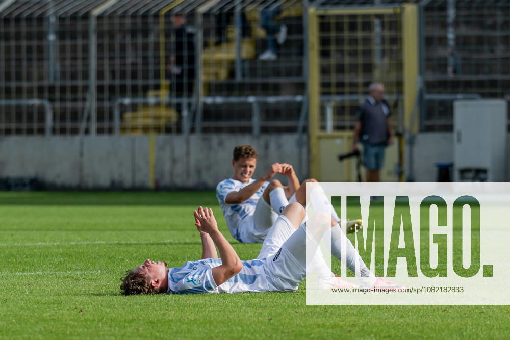 Lance Fiedler of TSV 1860 Munich, 47, lies disappointed and exhausted on the field. GER, TSV 1860 Munich vs. TSV Landsberg 1882, Soccer, Bavarian Regional League, Matchday 6, 2026–2027 season, August 30, 2026 DFL and DFB regulations prohibit any use of photographs as image sequences and or quasi-video. Photo: HMB Media, Heike Feiner