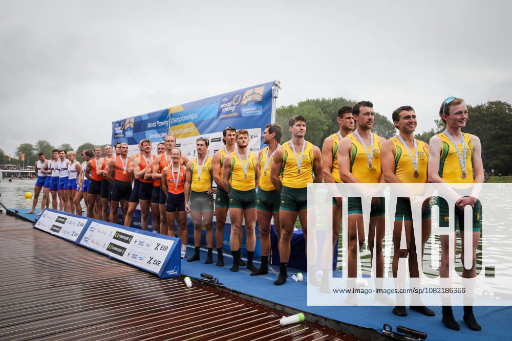 30th August 2026; Bosbaan, Amsterdam, Holland, Netherlands; 2026 World Rowing Championships, Final Day; the medal ceremony; Australia Mens Eight (M8+) with Rohan Lavery, Austin Reinehr, Alex Nichol, Jack Robertson, Harry Manton, Fergus Hamilton, Patrick Long and Mitch Salisbury, coxed by Nicholas Dunlop bronze medallists AnthonyxBenoit