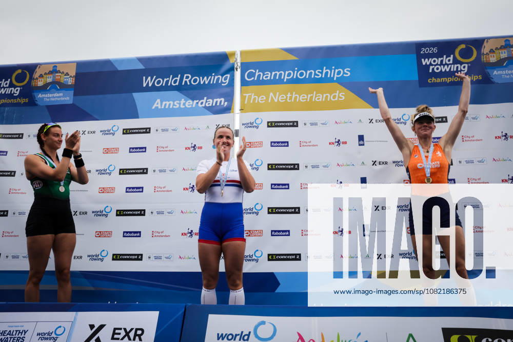 30th August 2026; Bosbaan, Amsterdam, Holland, Netherlands; 2026 World Rowing Championships, Final Day; the medal ceremony; Ireland Womens Single Sculls (W1x) with Fiona Murtagh silver medallist, Great Britain Womens Single Sculls (W1x) with Lauren Henry gold medallist and Netherlands Womens Single Sculls (W1x) with Karolien Florijn bronze medallist AnthonyxBenoit