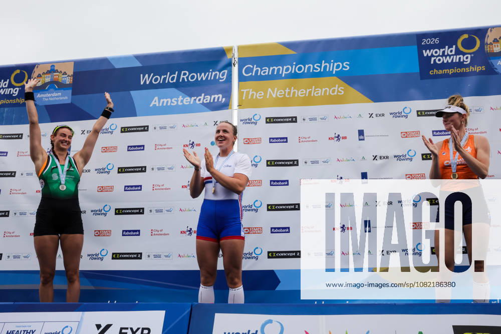 30th August 2026; Bosbaan, Amsterdam, Holland, Netherlands; 2026 World Rowing Championships, Final Day; the medal ceremony; Ireland Womens Single Sculls (W1x) with Fiona Murtagh silver medallist, Great Britain Womens Single Sculls (W1x) with Lauren Henry gold medallist and Netherlands Womens Single Sculls (W1x) with Karolien Florijn bronze medallist AnthonyxBenoit