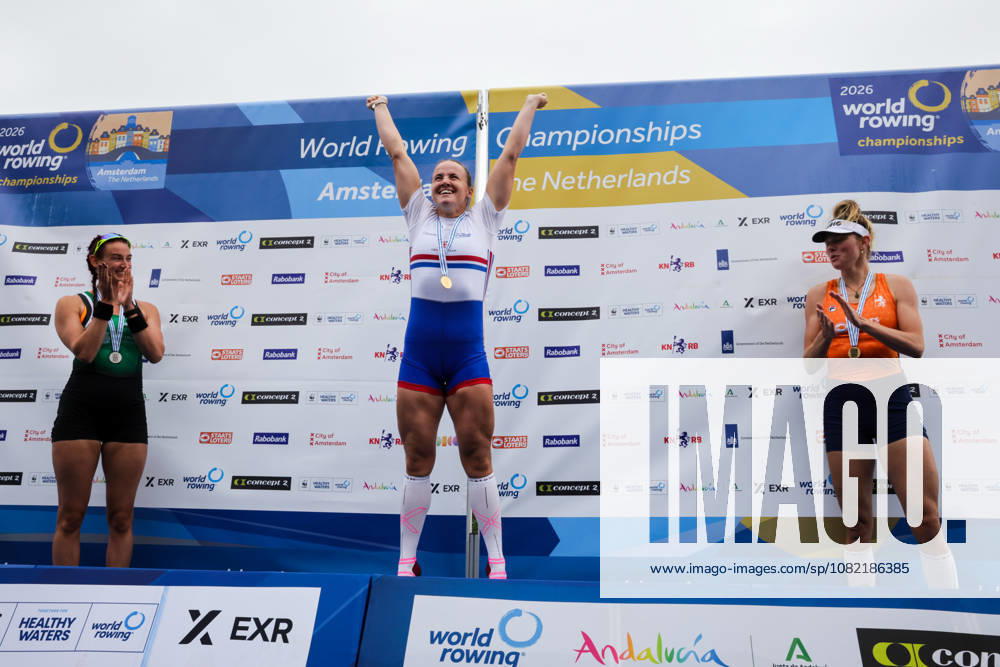 30th August 2026; Bosbaan, Amsterdam, Holland, Netherlands; 2026 World Rowing Championships, Final Day; the medal ceremony; Ireland Womens Single Sculls (W1x) with Fiona Murtagh silver medallist, Great Britain Womens Single Sculls (W1x) with Lauren Henry gold medallist and Netherlands Womens Single Sculls (W1x) with Karolien Florijn bronze medallist AnthonyxBenoit
