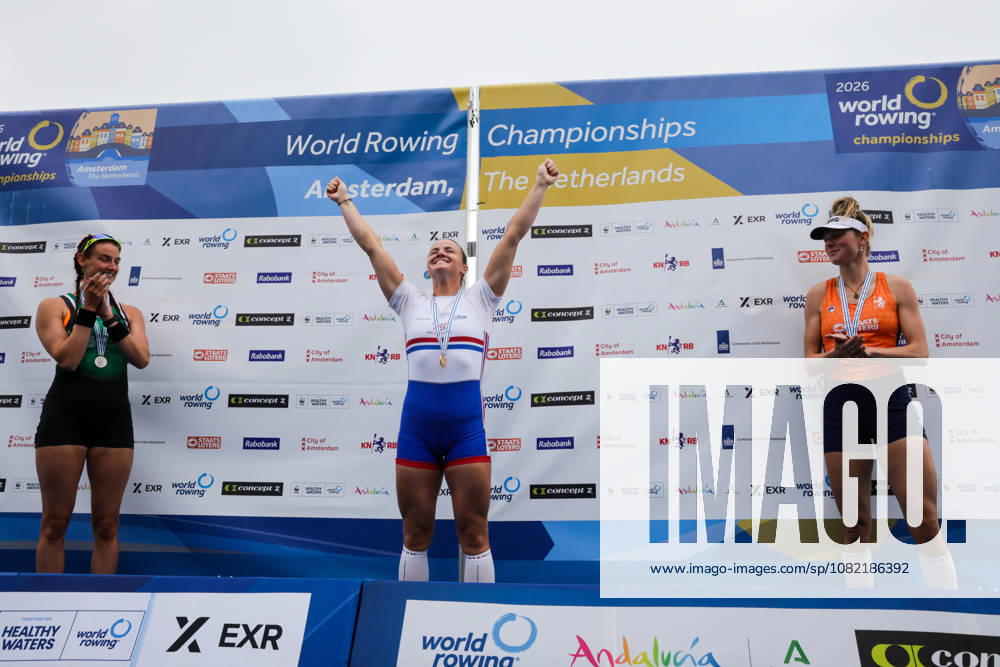 30th August 2026; Bosbaan, Amsterdam, Holland, Netherlands; 2026 World Rowing Championships, Final Day; the medal ceremony; Ireland Womens Single Sculls (W1x) with Fiona Murtagh silver medallist, Great Britain Womens Single Sculls (W1x) with Lauren Henry gold medallist and Netherlands Womens Single Sculls (W1x) with Karolien Florijn bronze medallist AnthonyxBenoit