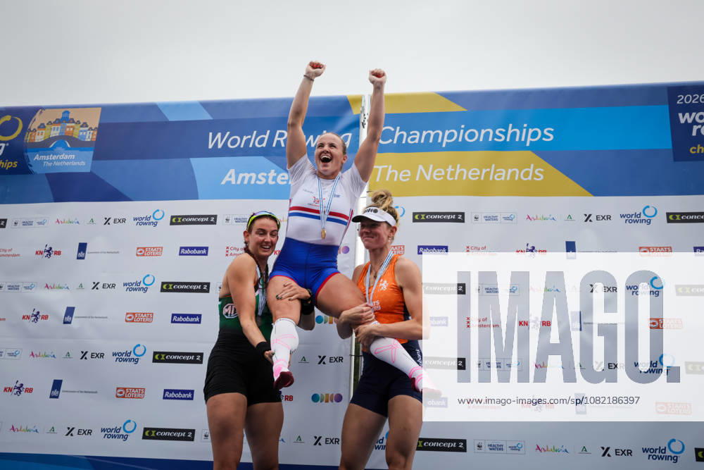 30th August 2026; Bosbaan, Amsterdam, Holland, Netherlands; 2026 World Rowing Championships, Final Day; the medal ceremony; Ireland Womens Single Sculls (W1x) with Fiona Murtagh silver medallist, Great Britain Womens Single Sculls (W1x) with Lauren Henry gold medallist and Netherlands Womens Single Sculls (W1x) with Karolien Florijn bronze medallist AnthonyxBenoit