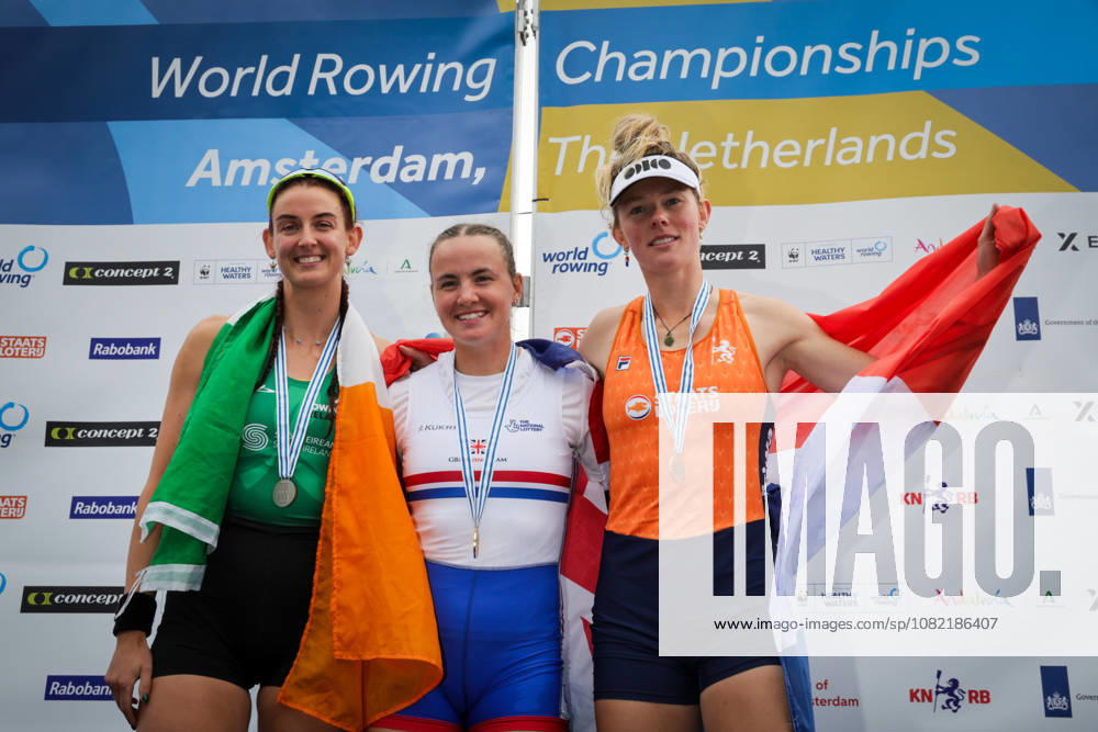 30th August 2026; Bosbaan, Amsterdam, Holland, Netherlands; 2026 World Rowing Championships, Final Day; the medal ceremony; Ireland Womens Single Sculls (W1x) with Fiona Murtagh silver medallist, Great Britain Womens Single Sculls (W1x) with Lauren Henry gold medallist and Netherlands Womens Single Sculls (W1x) with Karolien Florijn bronze medallist AnthonyxBenoit