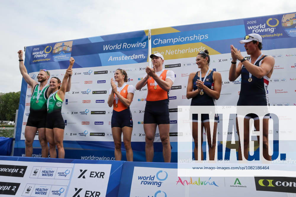 30th August 2026; Bosbaan, Amsterdam, Holland, Netherlands; 2026 World Rowing Championships, Final Day; the medal ceremony; Ireland Mixed Double Sculls (Mix2x) with Konan Pazzaia and Margaret Cremen silver medallists, Netherlands Mixed Double Sculls (Mix2x) with Roos de Jong and Simon van Dorp gold medallists and United States Mixed Double Sculls (Mix2x) with Sophia Vitas and Cedar Cunningham bronze medallists AnthonyxBenoit