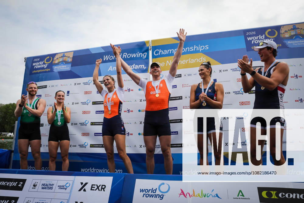 30th August 2026; Bosbaan, Amsterdam, Holland, Netherlands; 2026 World Rowing Championships, Final Day; the medal ceremony; Ireland Mixed Double Sculls (Mix2x) with Konan Pazzaia and Margaret Cremen silver medallists, Netherlands Mixed Double Sculls (Mix2x) with Roos de Jong and Simon van Dorp gold medallists and United States Mixed Double Sculls (Mix2x) with Sophia Vitas and Cedar Cunningham bronze medallists AnthonyxBenoit