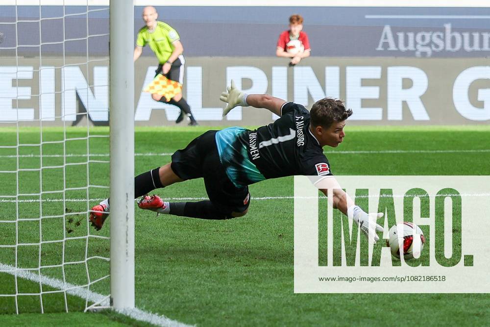 Finn Dahmen of 1 FC Augsburg makes a spectacular save, deflecting the ball wide of the goal, FC Augsburg vs. FC Schalke 04, soccer, men s, Bundesliga, 2026–2027 season, First Half of the Season, Matchday 1, August 30, 2026. DFB regulations prohibit any use of photographs as image sequences and or quasi-video. Augsburg, Bavaria, Germany
