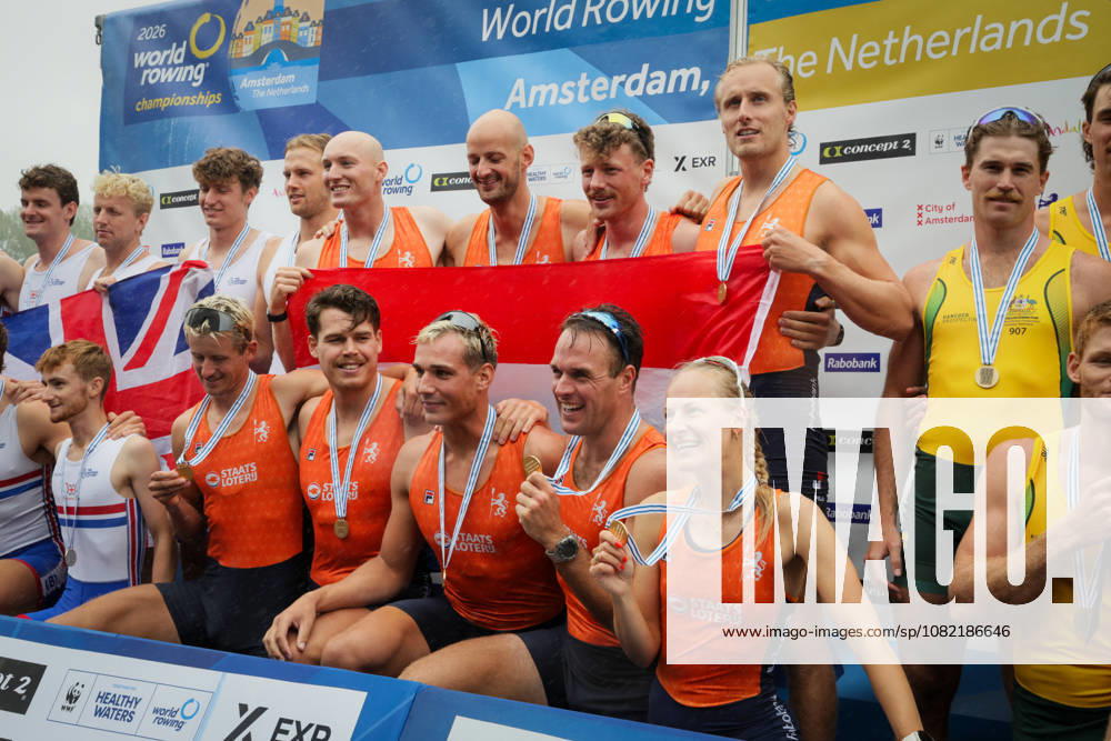 30th August 2026; Bosbaan, Amsterdam, Holland, Netherlands; 2026 World Rowing Championships, Final Day; the medal ceremony; Netherlands Mens Eight (M8+) with Ralf Rienks, Finn Florijn, Wibout Rustenburg, Jorn Salverda, Sander de Graaf, Pieter van Veen, Jan van der Bij and Mick Makker, coxed by Jonna de Vries gold medallists AnthonyxBenoit