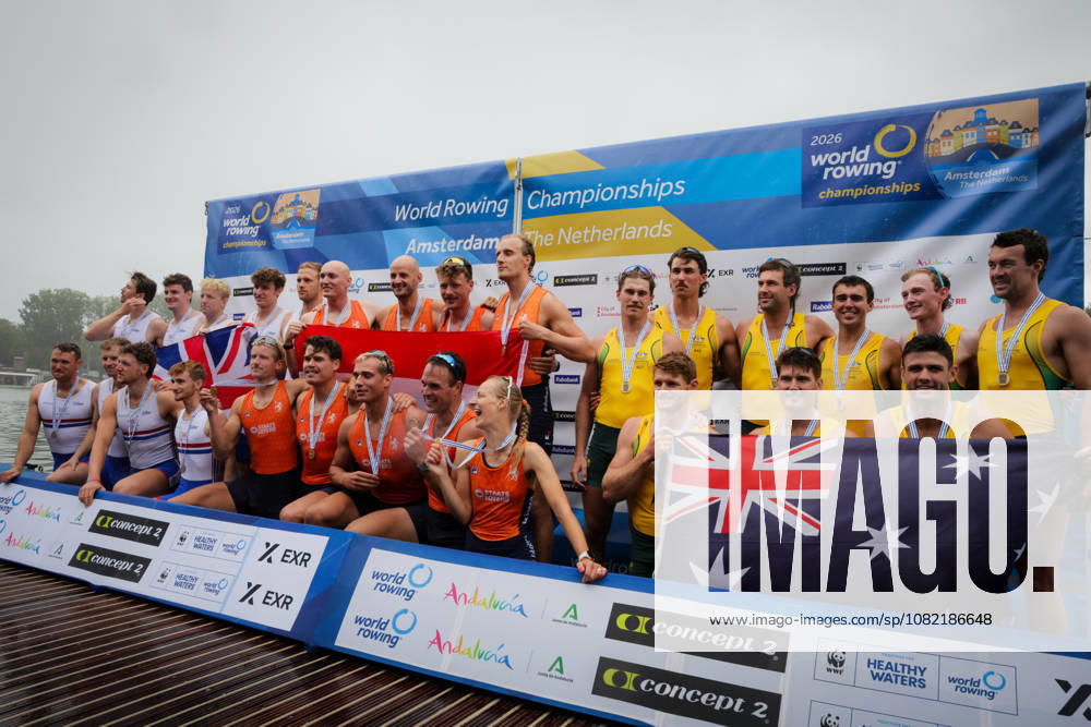 30th August 2026; Bosbaan, Amsterdam, Holland, Netherlands; 2026 World Rowing Championships, Final Day; Great Britain Mens Eight (M8+) with William Stewart, Matthew Rowe, Gabriel Obholzer, Samuel Nunn, David Bewicke-Copley, Harry Geffen, Miles Beeson and Archie Drummond, coxed by Tom Bryce silver medallists, Netherlands Mens Eight (M8+) with Ralf Rienks, Finn Florijn, Wibout Rustenburg, Jorn Salverda, Sander de Graaf, Pieter van Veen, Jan van der Bij and Mick Makker, coxed by Jonna de Vries gold medallists and Australia Mens Eight (M8+) with Rohan Lavery, Austin Reinehr, Alex Nichol, Jack Robertson, Harry Manton, Fergus Hamilton, Patrick Long and Mitch Salisbury, coxed by Nicholas Dunlop bronze medallists AnthonyxBenoit