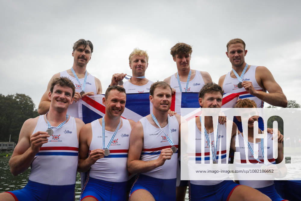 30th August 2026; Bosbaan, Amsterdam, Holland, Netherlands; 2026 World Rowing Championships, Final Day; Great Britain Mens Eight (M8+) with William Stewart, Matthew Rowe, Gabriel Obholzer, Samuel Nunn, David Bewicke-Copley, Harry Geffen, Miles Beeson and Archie Drummond, coxed by Tom Bryce silver medallists AnthonyxBenoit
