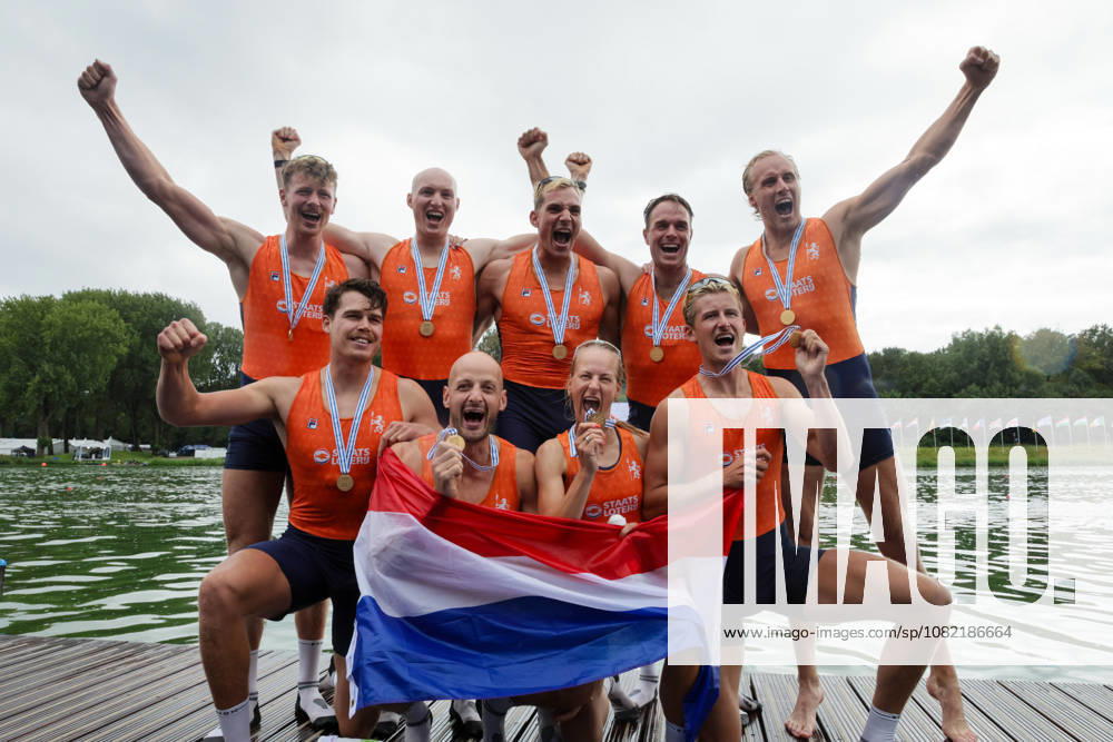 30th August 2026; Bosbaan, Amsterdam, Holland, Netherlands; 2026 World Rowing Championships, Final Day; the medal ceremony; Netherlands Mens Eight (M8+) with Ralf Rienks, Finn Florijn, Wibout Rustenburg, Jorn Salverda, Sander de Graaf, Pieter van Veen, Jan van der Bij and Mick Makker, coxed by Jonna de Vries gold medallists AnthonyxBenoit