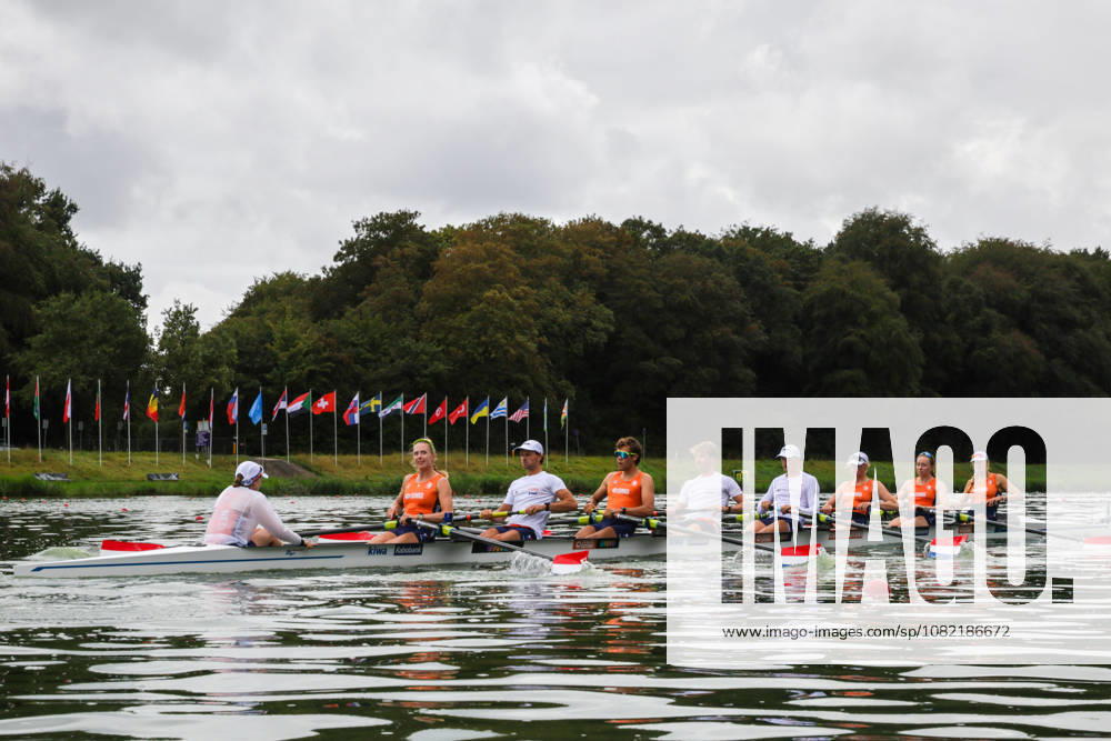 30th August 2026; Bosbaan, Amsterdam, Holland, Netherlands; 2026 World Rowing Championships, Final Day; Final A; Netherlands Mixed Eight (Mix8+) with Linn van Aanholt, Nika Johanna Vos, Ymkje Clevering, Gert-Jan van Doorn, Lennart van Lierop, Eli Brouwer, Rik Rienks and Tinka Offereins, coxed by Richelle Rietdijk warm up AnthonyxBenoit