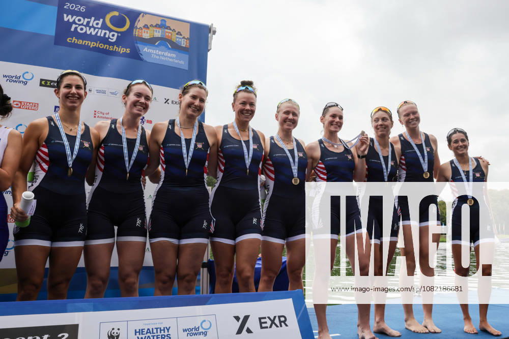30th August 2026; Bosbaan, Amsterdam, Holland, Netherlands; 2026 World Rowing Championships, Final Day; the medal ceremony; United States Womens Eight (W8+) with Dahlia Levine, Megan Lee, Charlotte Buck, Jess Thoennes, Claire Collins, Camille Vandermeer, Alexandria Vallancey-Martinson and Etta Carpender, coxed by Nina Castagna bronze medallists AnthonyxBenoit