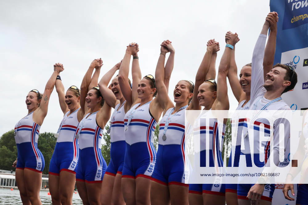 30th August 2026; Bosbaan, Amsterdam, Holland, Netherlands; 2026 World Rowing Championships, Final Day; the medal ceremony; Great Britain Womens Eight (W8+) with Elizabeth Witt, Jade Lindo, Amelia Standing, Katherine George, Lauren Irwin, Eve Stewart, Heidi Long and Annie Campbell-Orde, coxed by Jack Tottem silver medallists AnthonyxBenoit