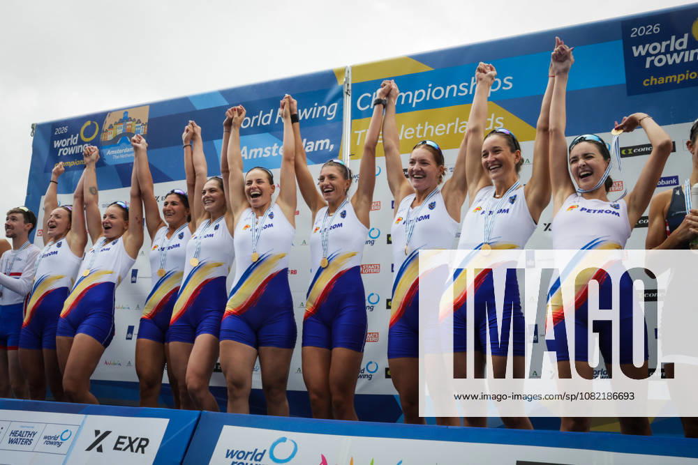 30th August 2026; Bosbaan, Amsterdam, Holland, Netherlands; 2026 World Rowing Championships, Final Day; the medal ceremony; Romania Womens Eight (W8+) with Cristina Druga, Geanina Dumitrit Juncanariu, Ancuta Bodnar, Maria Lehaci, Maria Magdalena Rusu, Amalia Chelaru, Adriana Adam and Simona Radis, coxed by Victoria Stefani Petreanu gold medallists AnthonyxBenoit