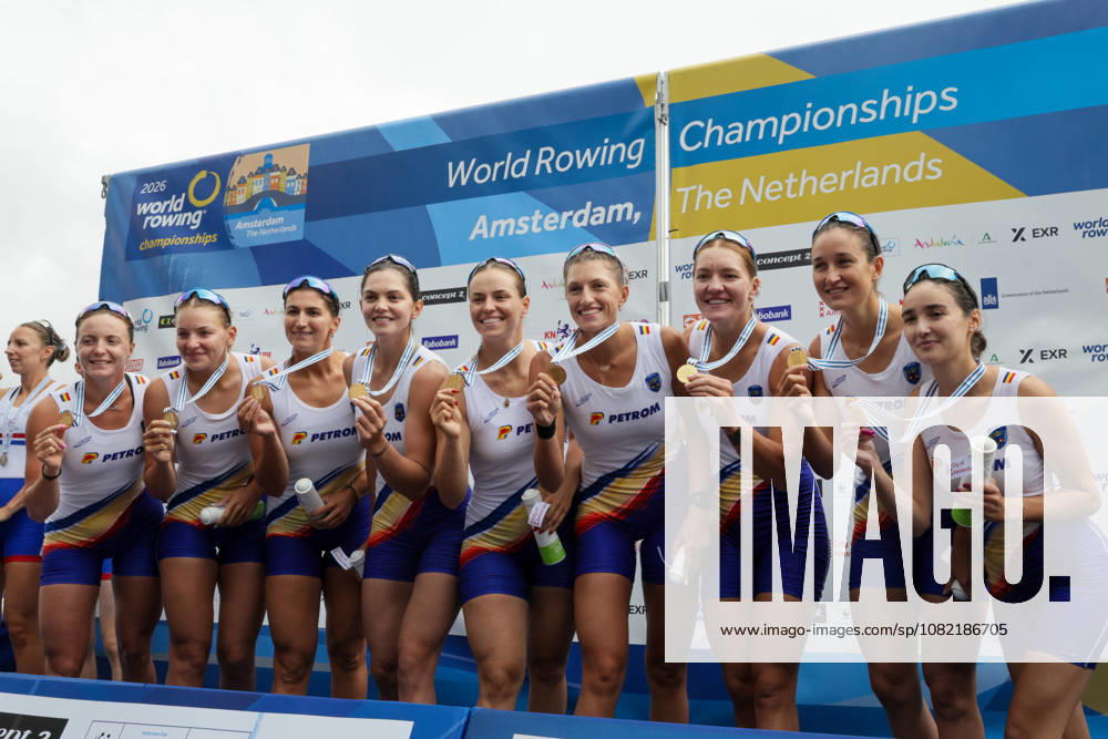 30th August 2026; Bosbaan, Amsterdam, Holland, Netherlands; 2026 World Rowing Championships, Final Day; the medal ceremony; Romania Womens Eight (W8+) with Cristina Druga, Geanina Dumitrit Juncanariu, Ancuta Bodnar, Maria Lehaci, Maria Magdalena Rusu, Amalia Chelaru, Adriana Adam and Simona Radis, coxed by Victoria Stefani Petreanu gold medallists AnthonyxBenoit
