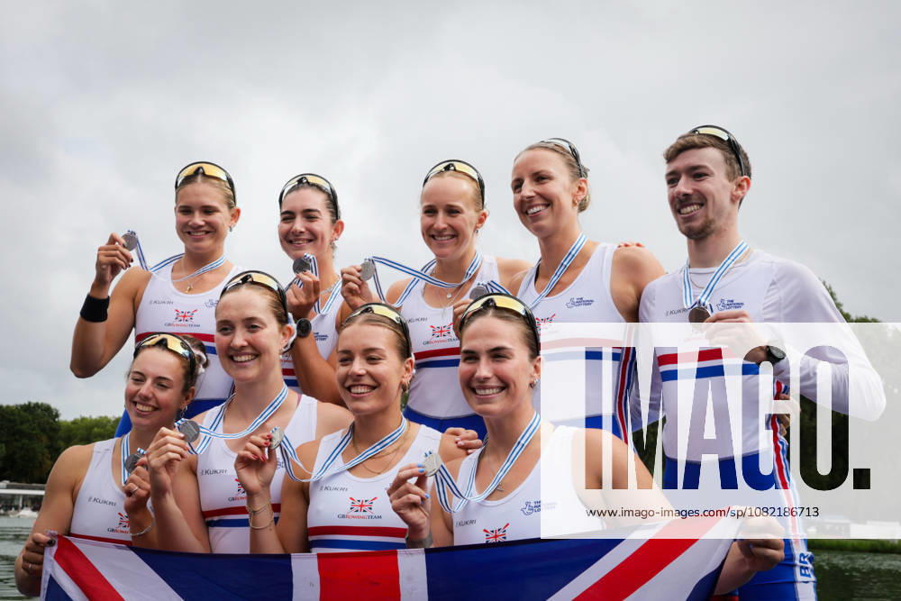 30th August 2026; Bosbaan, Amsterdam, Holland, Netherlands; 2026 World Rowing Championships, Final Day; the medal ceremony; Great Britain Womens Eight (W8+) with Elizabeth Witt, Jade Lindo, Amelia Standing, Katherine George, Lauren Irwin, Eve Stewart, Heidi Long and Annie Campbell-Orde, coxed by Jack Tottem silver medallists AnthonyxBenoit