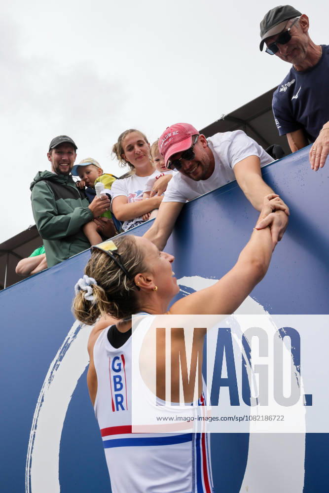 30th August 2026; Bosbaan, Amsterdam, Holland, Netherlands; 2026 World Rowing Championships, Final Day; the medal ceremony; Great Britain Womens Eight (W8+) with Elizabeth Witt, Jade Lindo, Amelia Standing, Katherine George, Lauren Irwin, Eve Stewart, Heidi Long and Annie Campbell-Orde, coxed by Jack Tottem silver medallists celebrate with supporters AnthonyxBenoit