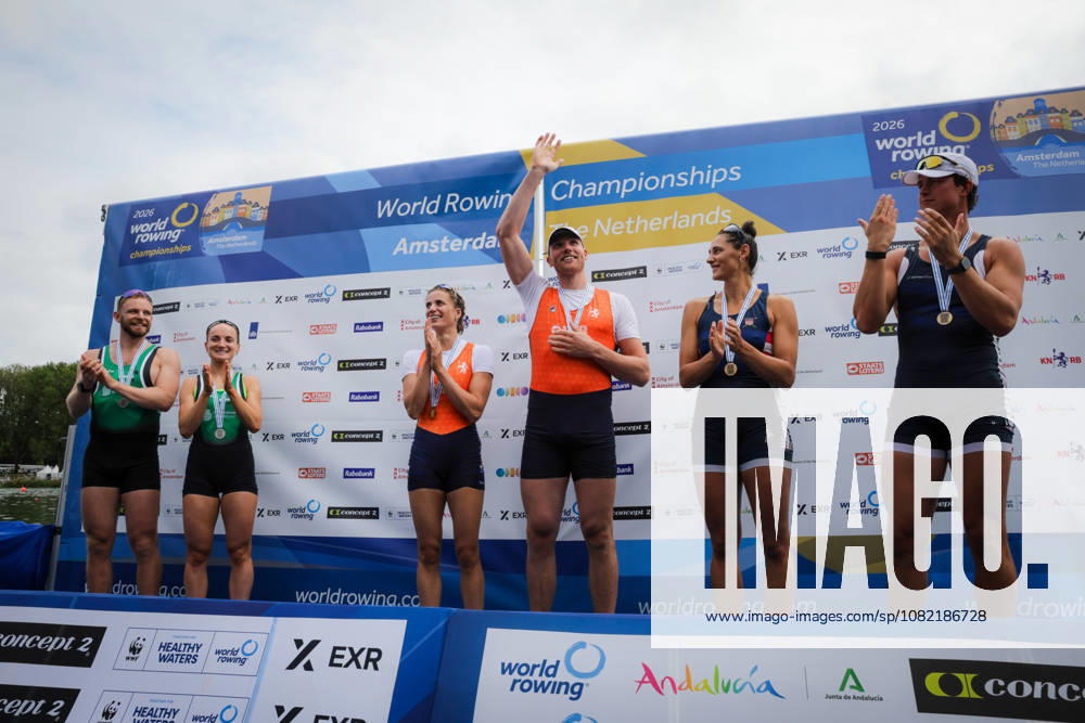 30th August 2026; Bosbaan, Amsterdam, Holland, Netherlands; 2026 World Rowing Championships, Final Day; the medal ceremony; Ireland Mixed Double Sculls (Mix2x) with Konan Pazzaia and Margaret Cremen silver medallists, Netherlands Mixed Double Sculls (Mix2x) with Roos de Jong and Simon van Dorp gold medallists and United States Mixed Double Sculls (Mix2x) with Sophia Vitas and Cedar Cunningham bronze medallists AnthonyxBenoit