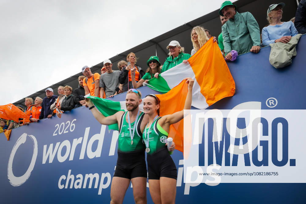 30th August 2026; Bosbaan, Amsterdam, Holland, Netherlands; 2026 World Rowing Championships, Final Day; the medal ceremony; Ireland Mixed Double Sculls (Mix2x) with Konan Pazzaia and Margaret Cremen silver medallists AnthonyxBenoit