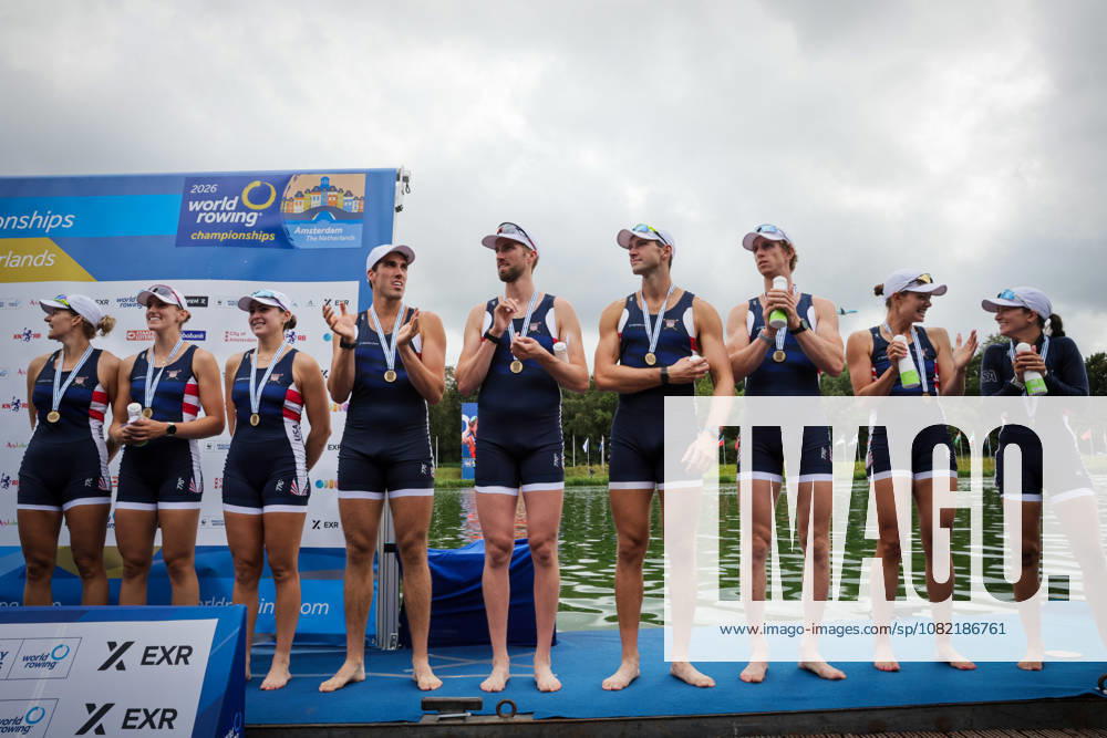 30th August 2026; Bosbaan, Amsterdam, Holland, Netherlands; 2026 World Rowing Championships, Final Day; the medal ceremony; United States Mixed Eight (Mix8+) with Molly Bruggeman, Azja Czajkowski, Teal Cohen, Gus Rodriguez, Peter Chatain, Chris Carlson, Pieter Quinton and Kate Knifton, coxed by Rachel Rane bronze medallists AnthonyxBenoit