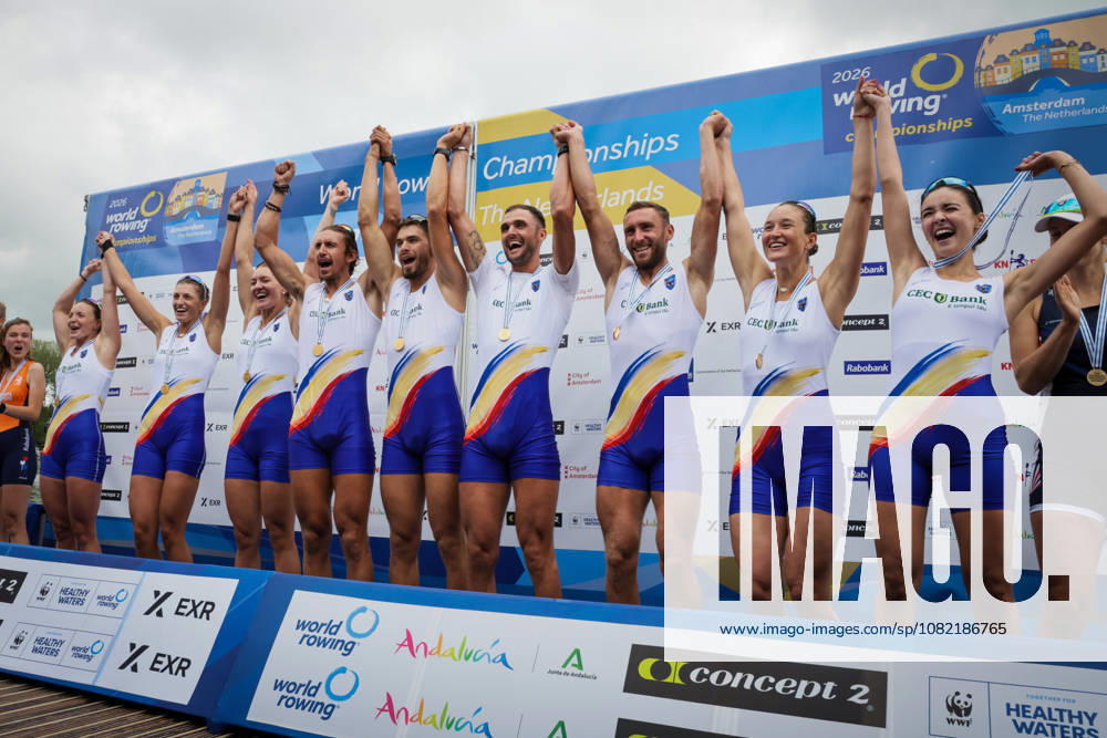 30th August 2026; Bosbaan, Amsterdam, Holland, Netherlands; 2026 World Rowing Championships, Final Day; the medal ceremony; Romania Mixed Eight (Mix8+) with Cristina Druga, Amalia Chelaru, Adriana Adam, Florin Sorin Lehaci, Cosmin Iulian Plesescu, Ciprian Tudosa, Stefan Constanti Berariu and Simona Radis, coxed by Victoria Stefani Petreanu gold medallists AnthonyxBenoit