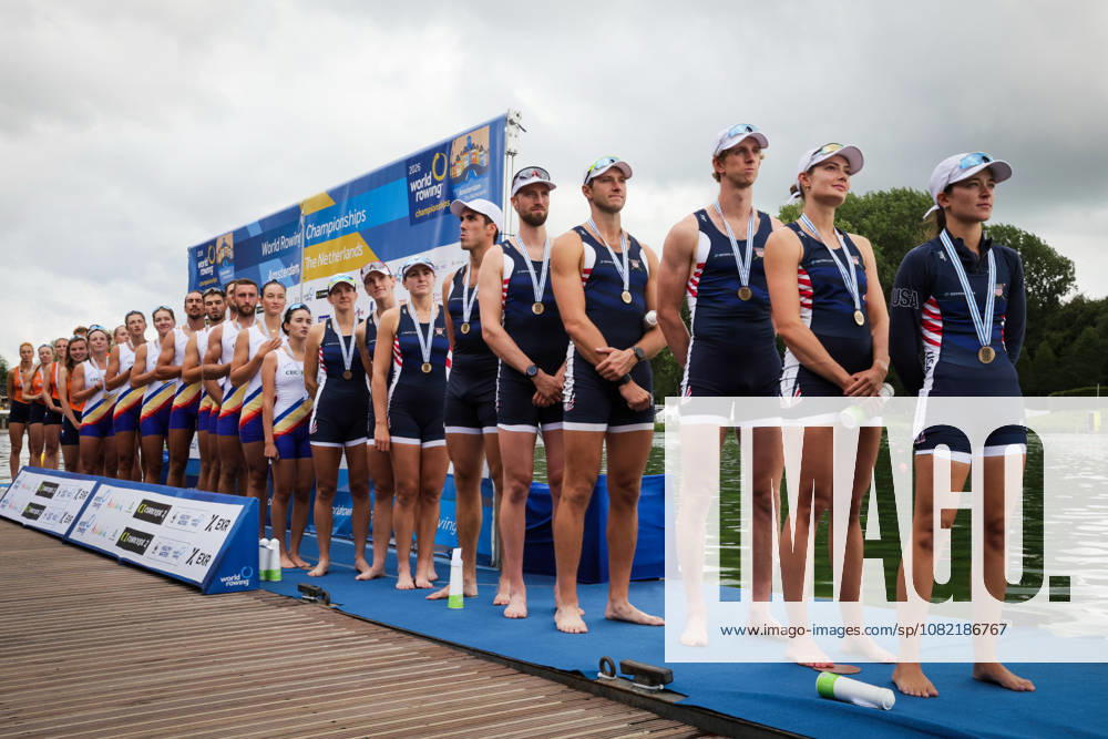 30th August 2026; Bosbaan, Amsterdam, Holland, Netherlands; 2026 World Rowing Championships, Final Day; the medal ceremony; United States Mixed Eight (Mix8+) with Molly Bruggeman, Azja Czajkowski, Teal Cohen, Gus Rodriguez, Peter Chatain, Chris Carlson, Pieter Quinton and Kate Knifton, coxed by Rachel Rane bronze medallists AnthonyxBenoit