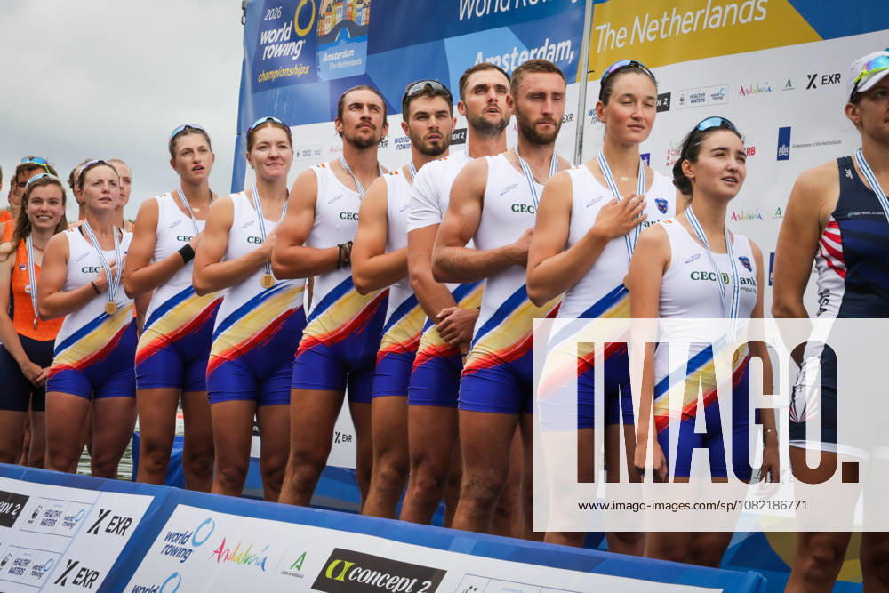 30th August 2026; Bosbaan, Amsterdam, Holland, Netherlands; 2026 World Rowing Championships, Final Day; the medal ceremony; Romania Mixed Eight (Mix8+) with Cristina Druga, Amalia Chelaru, Adriana Adam, Florin Sorin Lehaci, Cosmin Iulian Plesescu, Ciprian Tudosa, Stefan Constanti Berariu and Simona Radis, coxed by Victoria Stefani Petreanu gold medallists AnthonyxBenoit