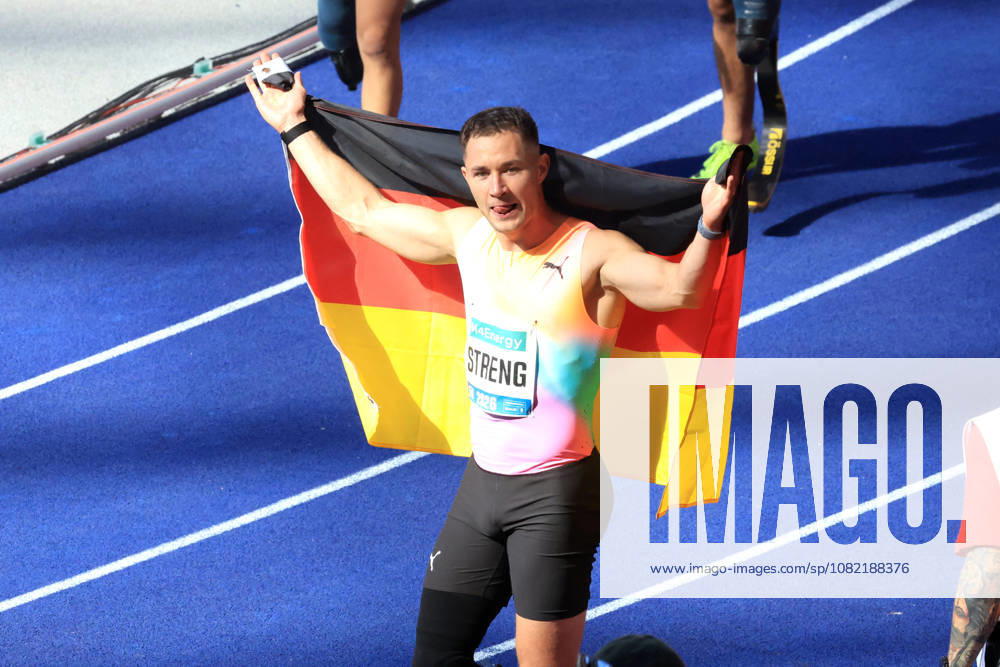Track and Field, GER DEU, Berlin, Germany, ISTAF 100m Para Men, Felix Streng, with the German flag, Berlin, Berlin Olympic Stadium, Berlin, Germany
