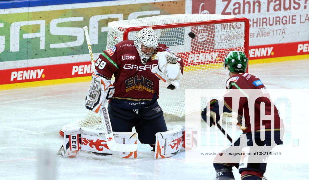 Goalie Jack LaFontaine blocks the puck - Still image, cutout, action, sports, ice hockey, Penny DEL, German Ice Hockey League, exhibition game, 2026-2027 season, August 30, 2026, EHC Eisbären Berlin (EBB) vs. Lausitzer Füchse