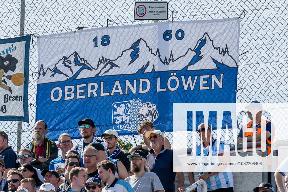 Flag of the 1860 Oberlandloewen on the fence in the Westkurve GER, TSV 1860 Munich vs. TSV Landsberg 1882, soccer, Bavarian Regional League, Matchday 6, 2026–2027 season, August 30, 2026 DFL DFB REGULATIONS PROHIBIT ANY USE OF PHOTOGRAPHS AS IMAGE SEQUENCES AND OR QUASI-VIDEO Photo: HMB Media, Heike Feiner