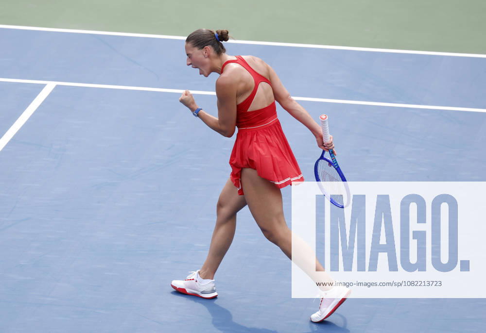 Marta Kostyuk of Ukraine celebrates after match point in her straight sets victory over Storm Hunter of Australia on The Grandstand court in the first round at the 2026 US Open Tennis Championship at the USTA Billie Jean King National Tennis Center in New York City on Sunday, August 30, 2026. NYP20260830110 JOHNxANGELILLO