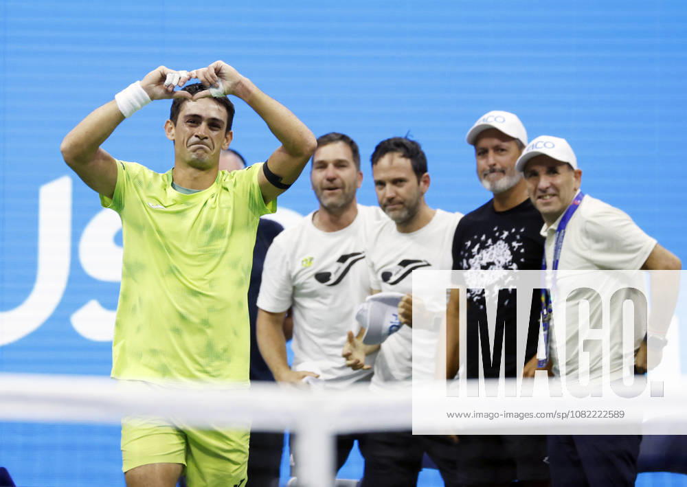 Mariano Navone of Argentina celebrates after match point in his match against Novak Djokovic of Serbia in Arthur Ashe Stadium in the first round at the 2026 US Open Tennis Championship at the USTA Billie Jean King National Tennis Center in New York City on Sunday, August 30, 2026. Navone defeated Djokovic in 5 sets. NYP20260830157 JOHNxANGELILLO