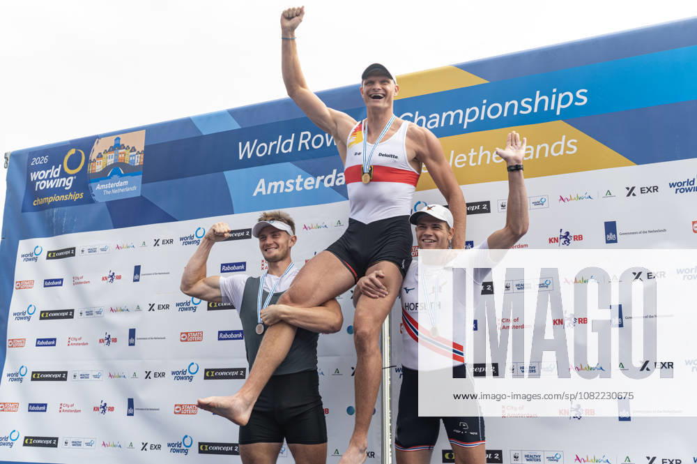 Amsterdam The Netherlands 30th August 2026 2026 World Rowing Championships on the Bosbaan in Amsterdam Men s Single Sculls Final A (Final) Medal ceremony. Oliver Zeidler (GER) wins gold. Yauheni Zalaty (AIN) wins silver. Jonas Slettemark Juel (NOR) wins bronze.