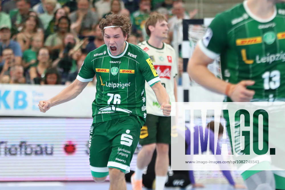 Handball, HBL2: SC DHfK Leipzig vs. GWD Minden, August 31, 2026—Tom Koschek (76) celebrates—SC DHfK Leipzig Handball, 2nd Bundesliga, 2026–2027 season, Matchday 1: SC DHfK Leipzig vs. GWD Minden on August 31, 2026, at the Quarterback Immobilien Arena Leipzig