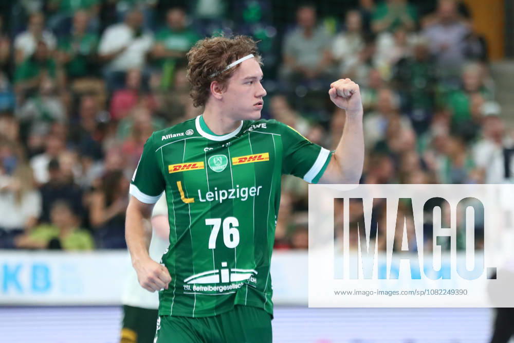 Handball, HBL2: SC DHfK Leipzig vs. GWD Minden, August 31, 2026; Tom Koschek 76; SC DHfK Leipzig celebrating with a victory fist. Handball, 2nd Bundesliga, 2026–2027 season, Matchday 1: SC DHfK Leipzig vs. GWD Minden on August 31, 2026, at the Quarterback Immobilien Arena in Leipzig