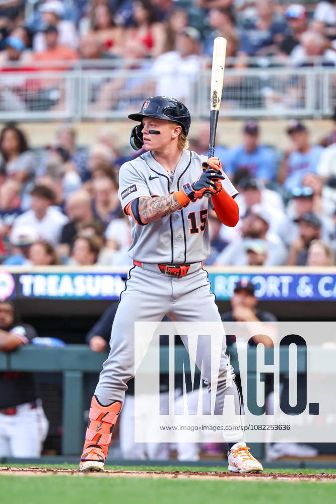 August 31st, 2026: Detroit Tigers center fielder Max Clark (15) bats in the second inning during a MLB, Baseball Herren, USA Baseball game between the Detroit Tigers and the Minnesota Twins at Target Field in Minneapolis, Minnesota. CSM Minneapolis USA - ZUMAc04_ 20260831_zma_c04_007